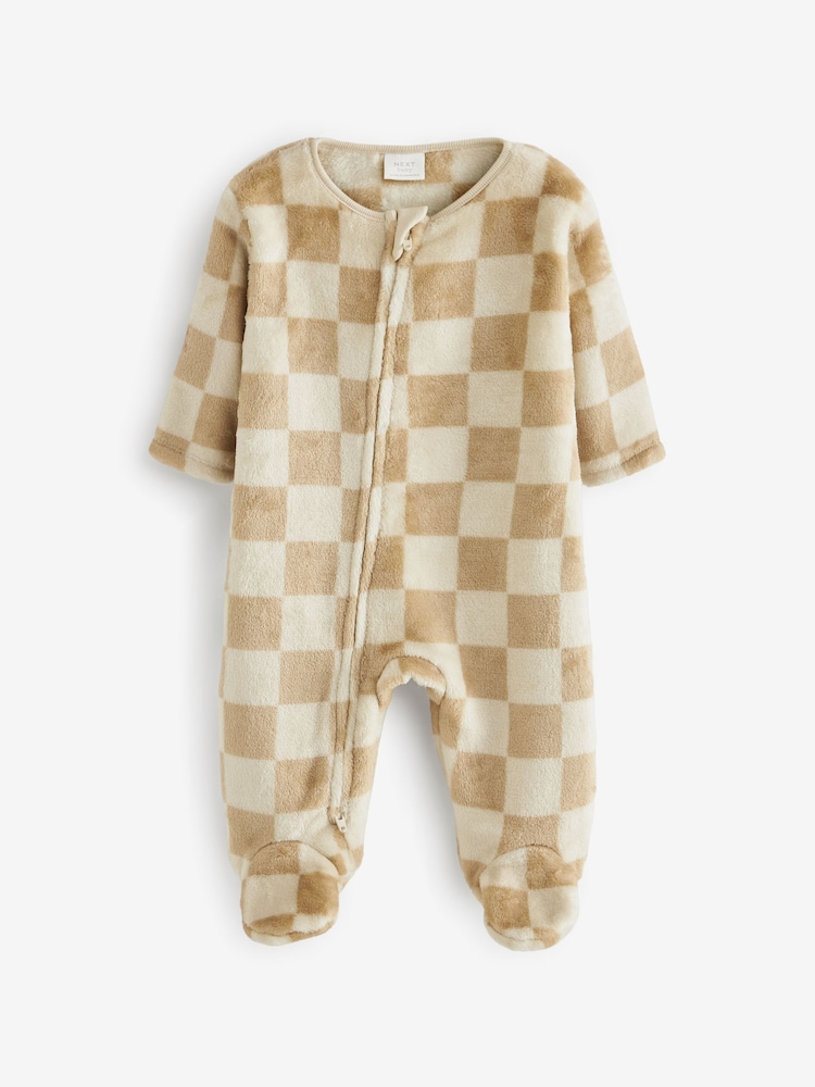 Neutral Checkerboard Baby Fleece Sleepsuit - Image 1 of 4 Neutral Checkerboard Baby Fleece Sleepsuit - Image 1 of 4