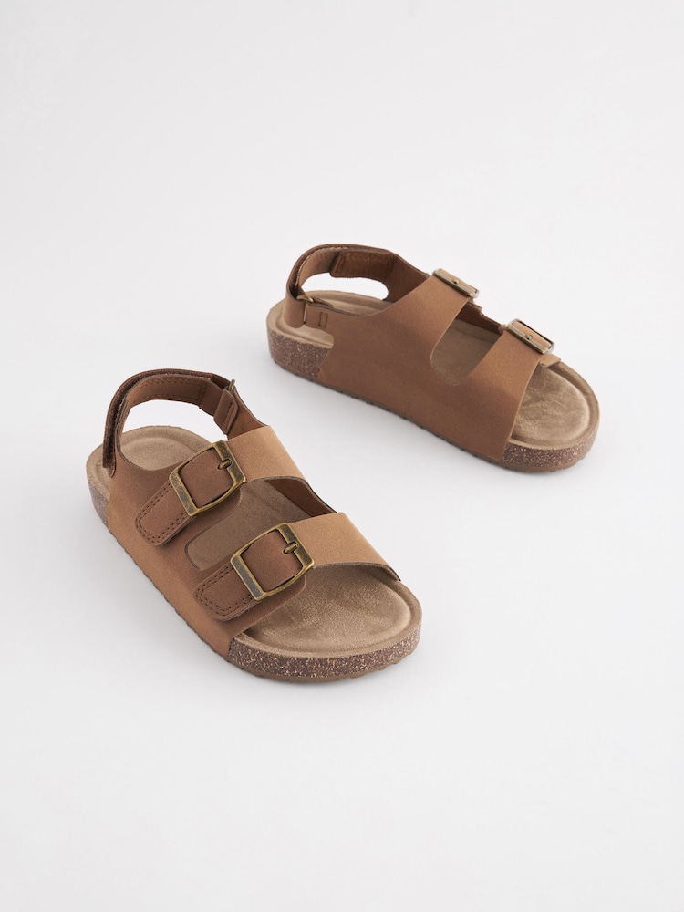 Tan Brown Standard Fit (F) Double Buckle Cushioned Footbed Sandals - Image 2 of 6