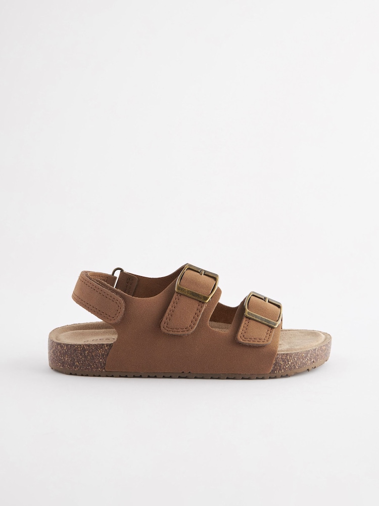 Tan Brown Standard Fit (F) Double Buckle Cushioned Footbed Sandals - Image 3 of 6
