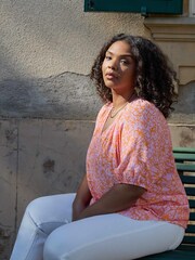 Live Unlimited Curve Orange Linear Floral Short Sleeve Blouse - Image 1 of 6