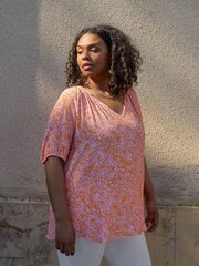 Live Unlimited Curve Orange Linear Floral Short Sleeve Blouse - Image 2 of 6