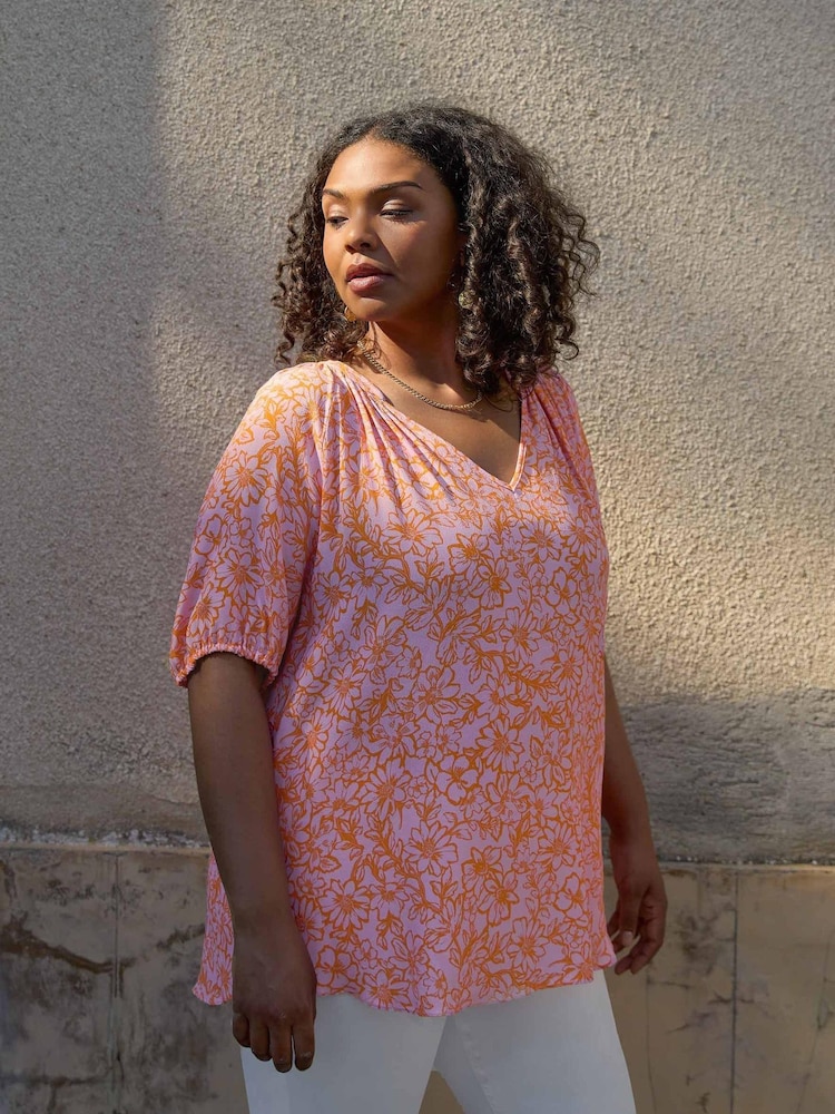 Live Unlimited Curve Orange Linear Floral Short Sleeve Blouse - Image 2 of 6