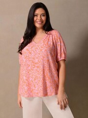 Live Unlimited Curve Orange Linear Floral Short Sleeve Blouse - Image 3 of 6
