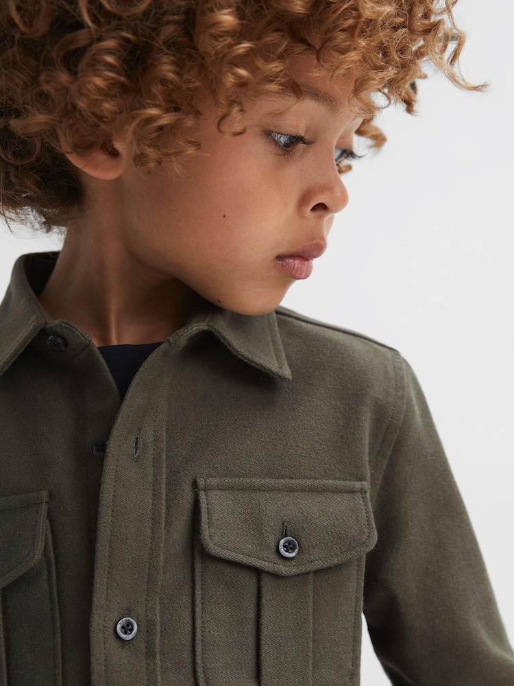 Reiss Pine Green Thomas Senior Brushed Cotton Patch Pocket Overshirt - Image 1 of 6