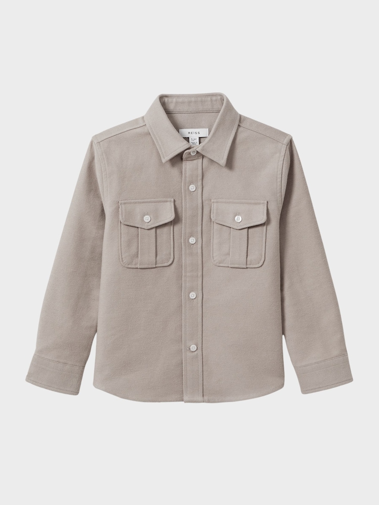 Reiss Oatmeal Melange Thomas Senior Brushed Cotton Patch Pocket Overshirt - Image 2 of 6