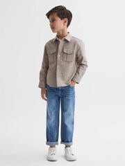 Reiss Oatmeal Melange Thomas Senior Brushed Cotton Patch Pocket Overshirt - Image 3 of 6