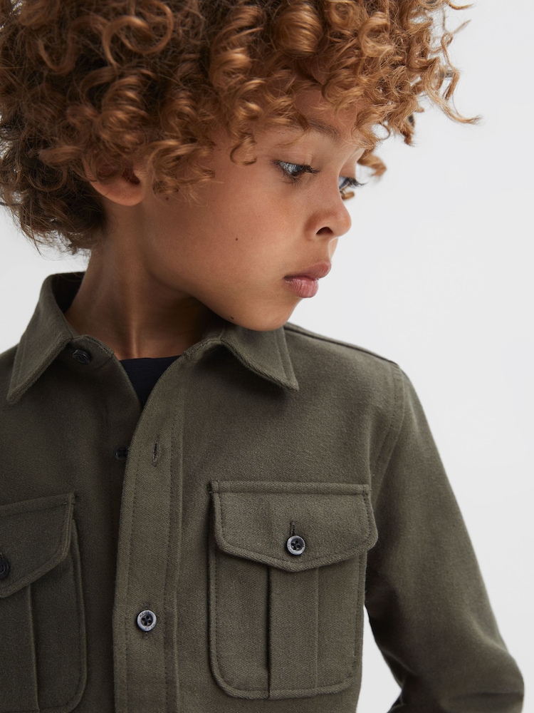 Reiss Pine Green Thomas Junior Brushed Cotton Patch Pocket Overshirt - Image 1 of 6 Reiss Pine Green Thomas Junior Brushed Cotton Patch Pocket Overshirt - Image 1 of 6