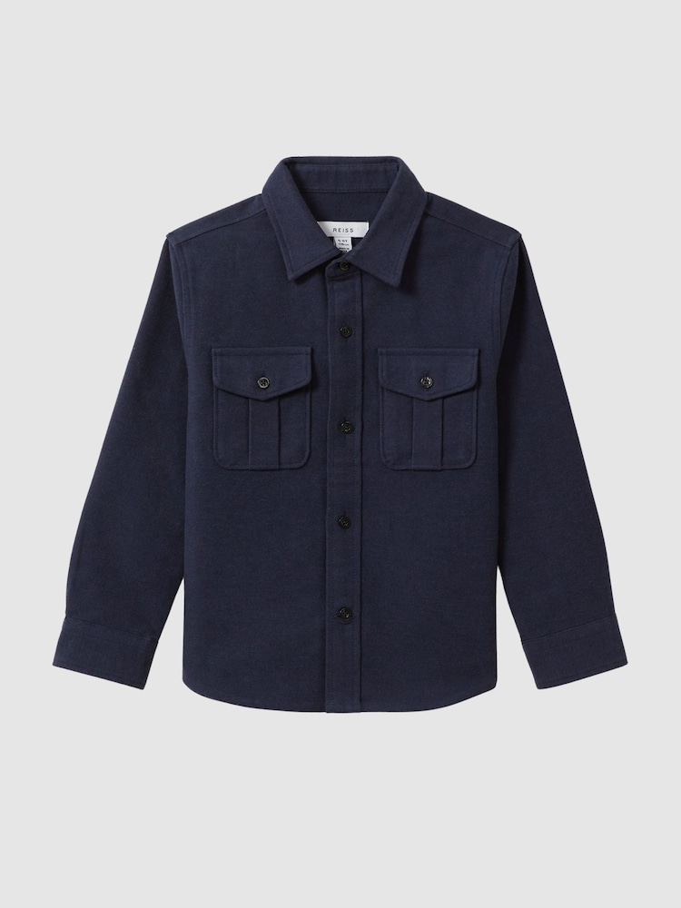 Reiss Eclipse Blue Thomas 3-9 yrs Brushed Cotton Patch Pocket Overshirt - Image 2 of 6 Reiss Eclipse Blue Thomas 3-9 yrs Brushed Cotton Patch Pocket Overshirt - Image 2 of 6