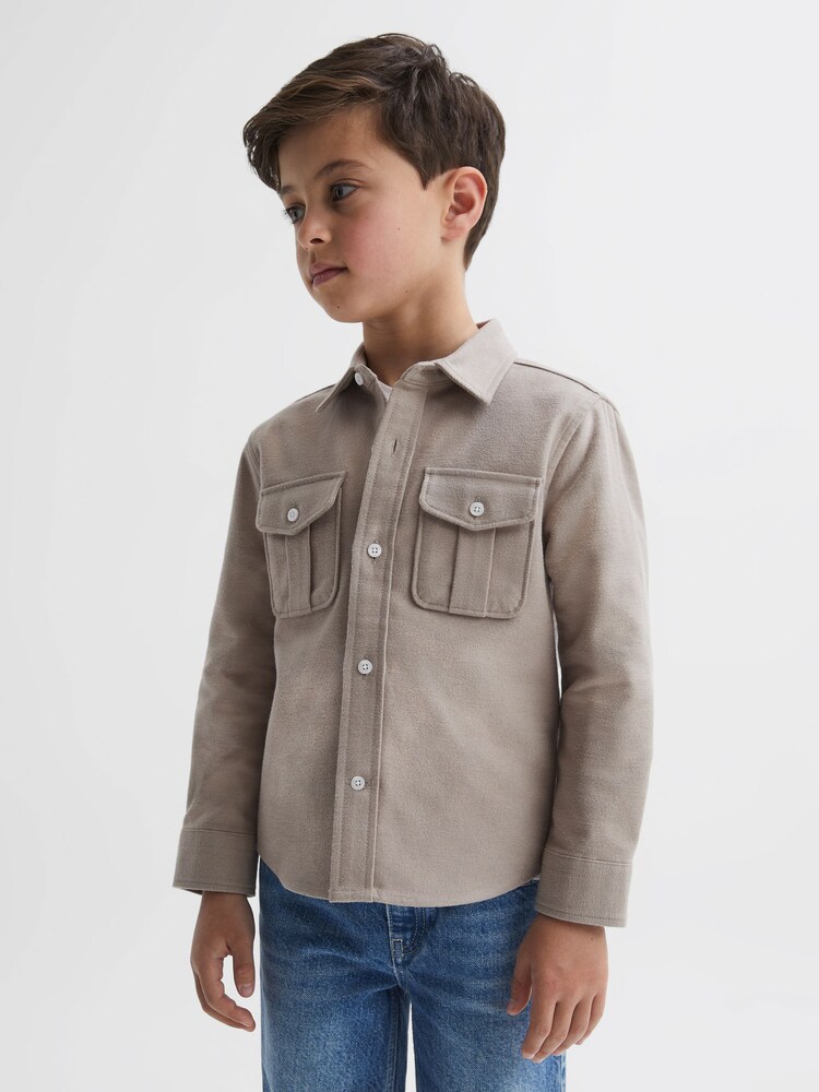 Oatmeal Melange - Reiss Thomas Brushed Cotton Patch Pocket Overshirt - Image 4 of 6