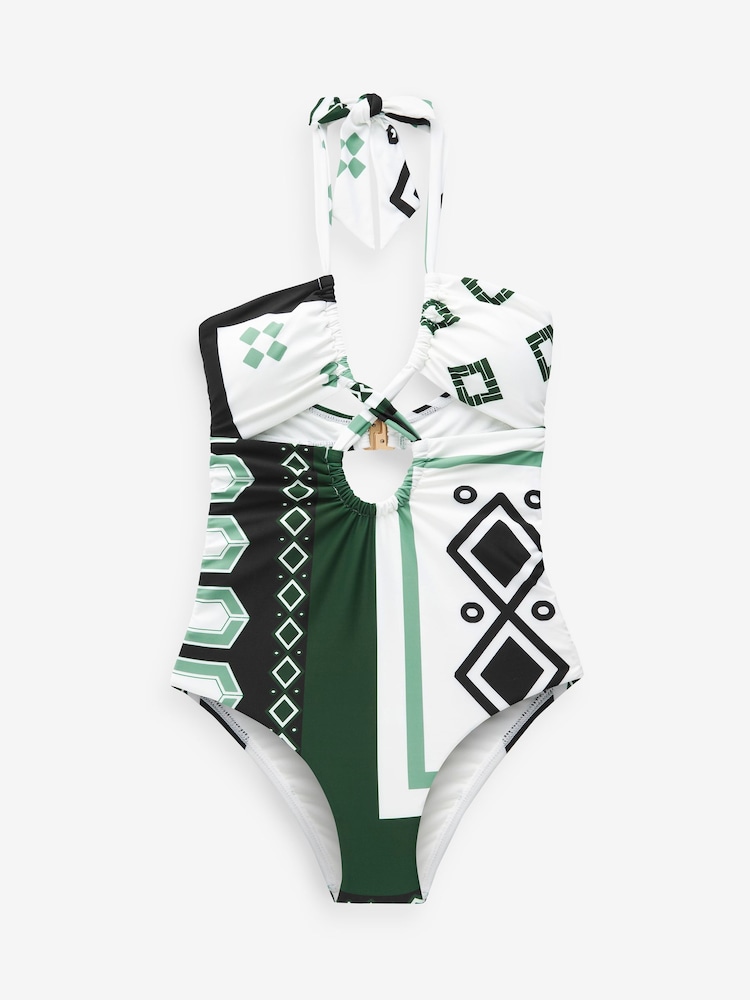 Ecru/Green Geometric Twist Neck Shaping Swimsuit - Image 7 of 7