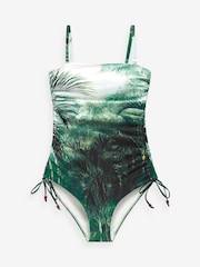 Green Leaf Scenic Print Bandeau Ruched Leg Tummy Control Shaping Swimsuit - Image 7 of 7