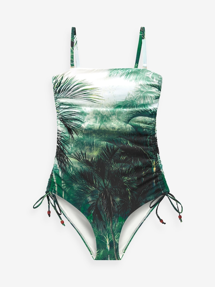 Green Leaf Scenic Print Bandeau Ruched Leg Tummy Control Shaping Swimsuit - Image 7 of 7