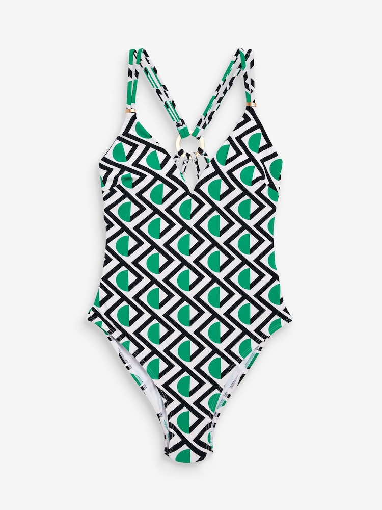 Green Geo Plunge Strappy Back Wired Tummy Shaping Control Swimsuit - Image 8 of 8