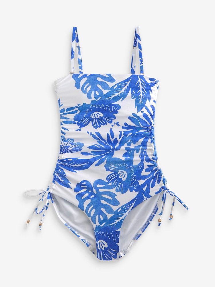 White/Blue Floral Bandeau Ruched Leg Tummy Shaping Control Swimsuit - Image 7 of 7