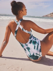 White/Teal Blue Tie Dye Essential High Neck Shaping Swimsuit - Image 3 of 5