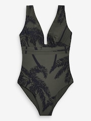 Khaki Green Palm Plunge Tummy Shaping Control Swimsuit - Image 6 of 6