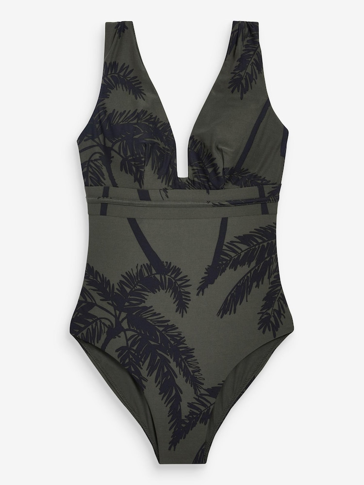 Khaki Green Palm Plunge Tummy Shaping Control Swimsuit - Image 6 of 6