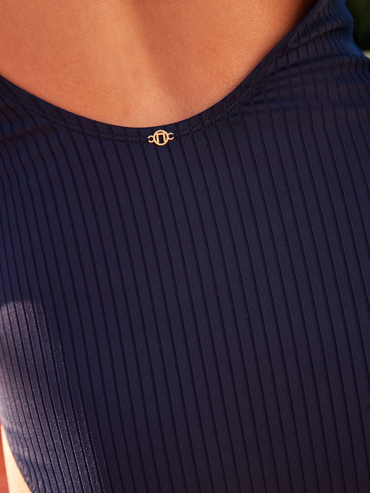 Navy Blue Rib High Neck Tummy Shaping Control Popper Swimsuit - Image 8 of 9