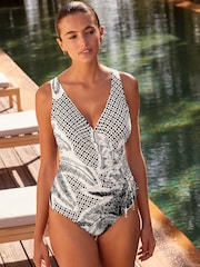 Black/White Palm Ruched Side Tummy Control Swimsuit - Image 2 of 7