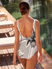 Black/White Palm Ruched Side Tummy Control Swimsuit - Image 3 of 7