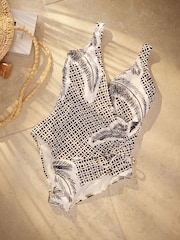 Black/White Palm Ruched Side Tummy Control Swimsuit - Image 5 of 7