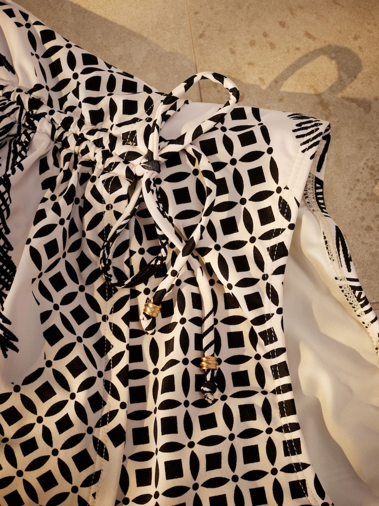Black/White Palm Ruched Side Tummy Control Swimsuit - Image 7 of 7