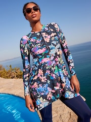 Navy Floral Long Sleeve Modesty Burkini Shaping Swimsuit - Image 1 of 8