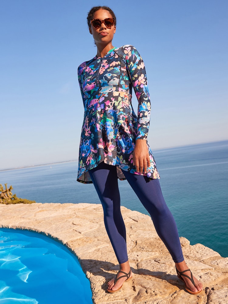 Navy Floral Long Sleeve Modesty Burkini Shaping Swimsuit - Image 2 of 8