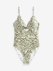 Creme/Khakigrün/Leopardenprint - Bauchformender Badeanzug mit Cutout - Bild 6 von 6