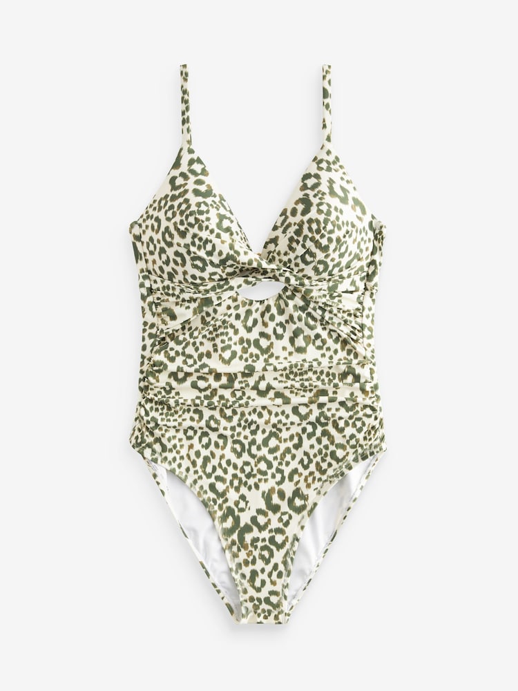Creme/Khakigrün/Leopardenprint - Bauchformender Badeanzug mit Cutout - Bild 6 von 6