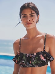 Black Floral Ruffle Bandeau Bikini Top - Image 1 of 7
