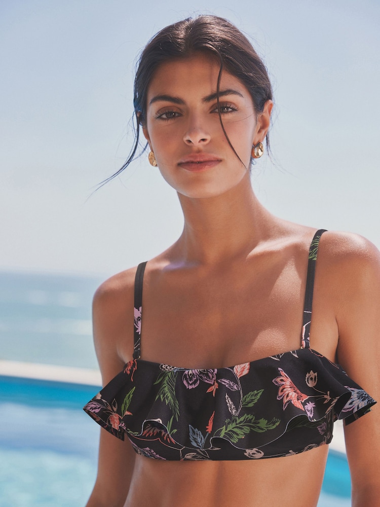 Black Floral Ruffle Bandeau Bikini Top - Image 1 of 7
