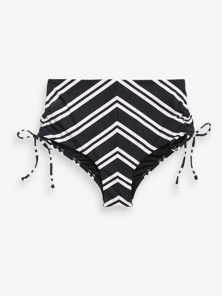 Black/White Stripe Midi Waist Ruched Side High Leg Bikini Bottoms - Image 6 of 6