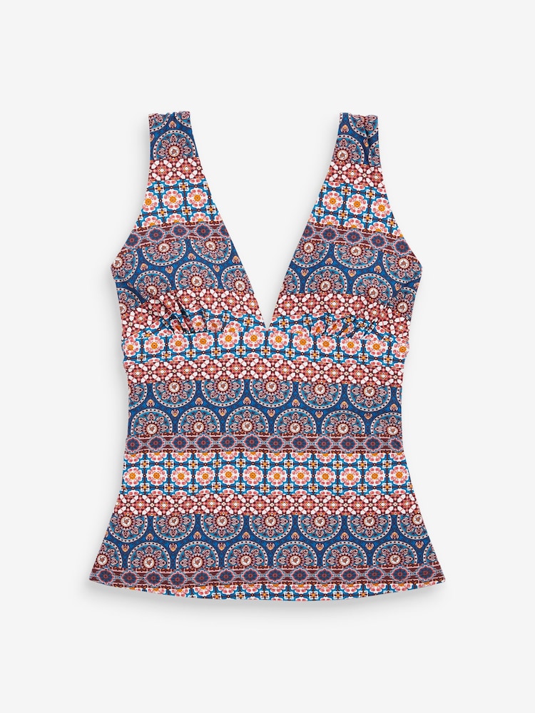 Red/Blue Woodblock Plunge Colourblock Tummy Control Tankini - Image 7 of 7