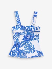 Blue/White Floral Wide Strap Tummy Control Bandeau Tankini Top - Image 4 of 4