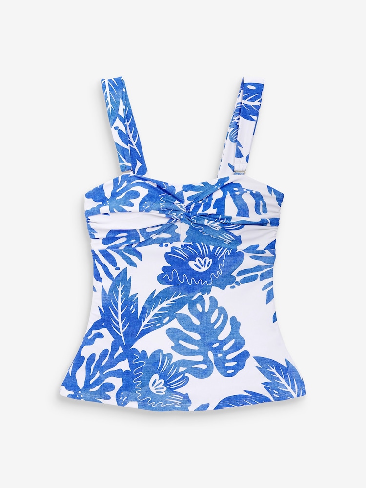 Blue/White Floral Wide Strap Tummy Control Bandeau Tankini Top - Image 4 of 4