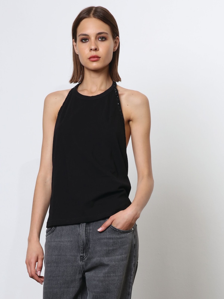 Religion Black Beaded Open Back Halter Neck Jersey Top - Image 1 of 8