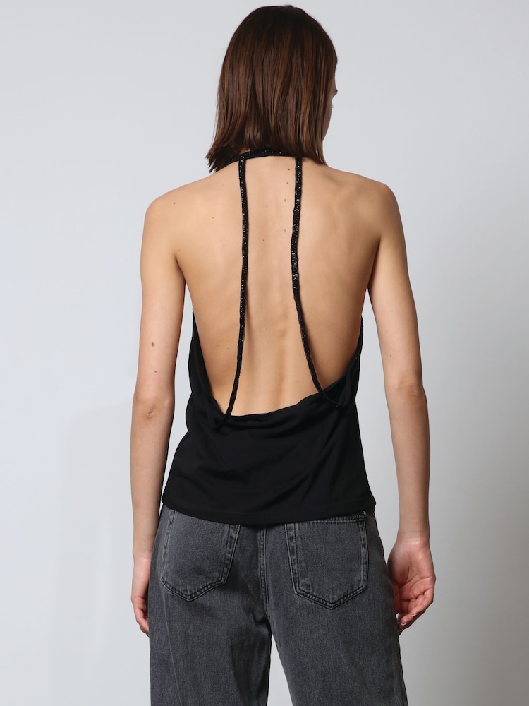 Religion Black Beaded Open Back Halter Neck Jersey Top - Image 2 of 8