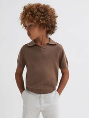 Reiss Brown Sugar Duchie Senior Merino Wool Open Collar Polo Shirt - Image 1 of 7