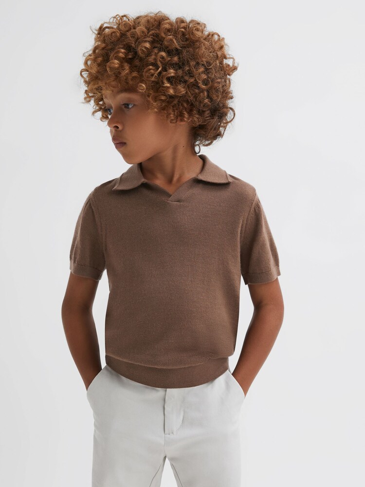 Reiss Brown Sugar Duchie Senior Merino Wool Open Collar Polo Shirt - Image 1 of 7
