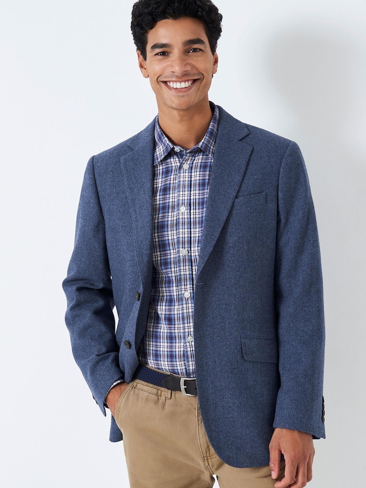 Crew Clothing Company Mid Blue Herringbone Wool Classic Blazer - Image 1 of 5