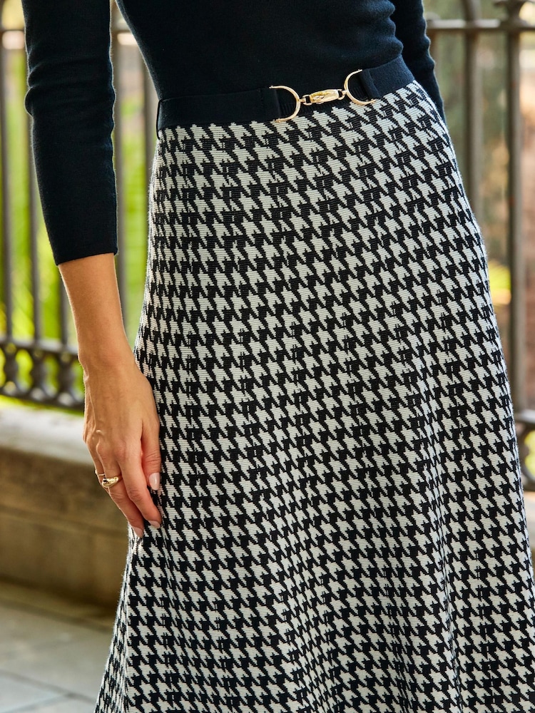 Sosandar Black Boat Neck Houndstooth Fit N Flare Knit Dress - Image 3 of 3 Sosandar Black Boat Neck Houndstooth Fit N Flare Knit Dress - Image 3 of 3