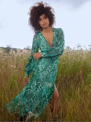 Ro&Zo Green Mix Animal Print Wrap Midi Dress - Image 1 of 7