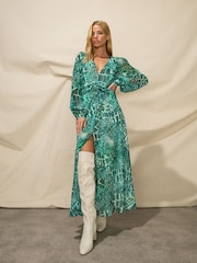 Ro&Zo Green Mix Animal Print Wrap Midi Dress - Image 2 of 7