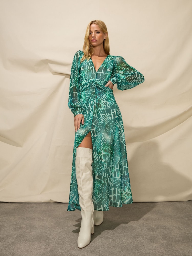 Ro&Zo Green Mix Animal Print Wrap Midi Dress - Image 2 of 7