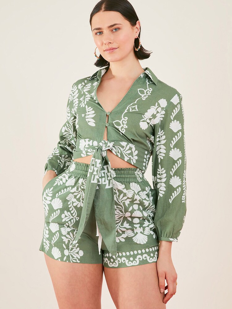 Accessorize Green Ornamental Print Tie Waist Shorts - Image 1 of 4