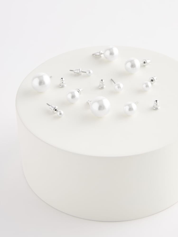 White Pearl Effect Stud Earrings 5 Pack - Image 3 of 3