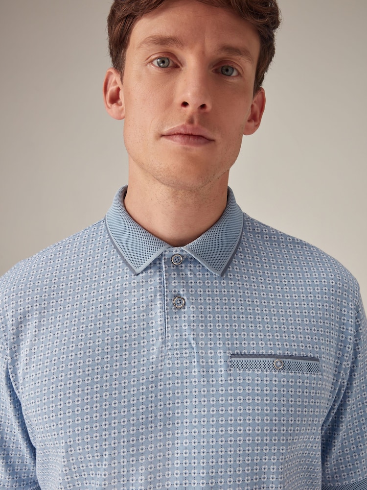 Light Blue Geo Short Sleeve Print Polo Shirt - Image 1 of 7