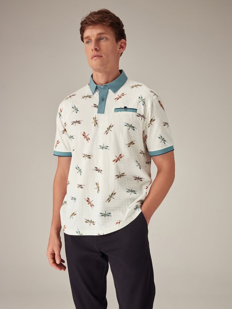 White Dragonfly Short Sleeve Print Polo Shirt - Image 1 of 7