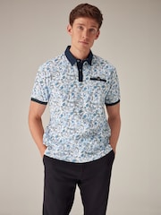Blue White Floral 100% Cotton Short Sleeve Print Polo Shirt - Image 1 of 7